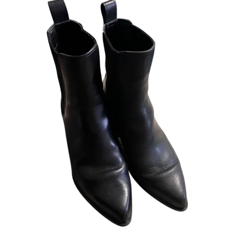 Michael Kors Black Leather Pointed Toe Chelsea Boots Western Style Block‎ Heel